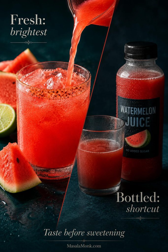 Fresh watermelon juice compared with bottled watermelon juice for making watermelon margaritas.