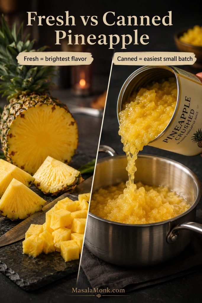 Fresh pineapple being chopped beside canned crushed pineapple being poured into a saucepan for jam