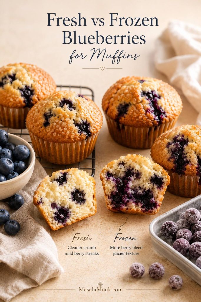 Fresh and frozen blueberries shown with blueberry muffin crumb examples for comparison.