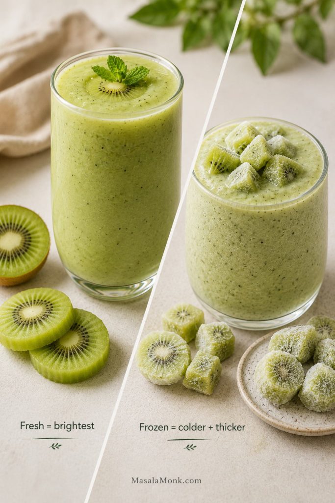 Fresh kiwi slices compared with frozen kiwi chunks for smoothie making