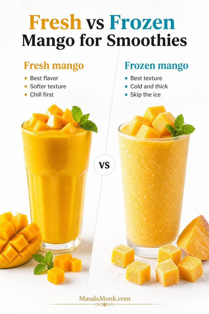 Fresh and frozen mango comparison for smoothies, with fresh mango for flavor and frozen mango for thicker texture.