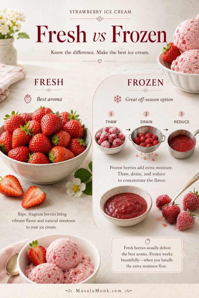 Fresh and frozen strawberries compared for homemade strawberry ice cream with thaw, drain, and reduce guidance