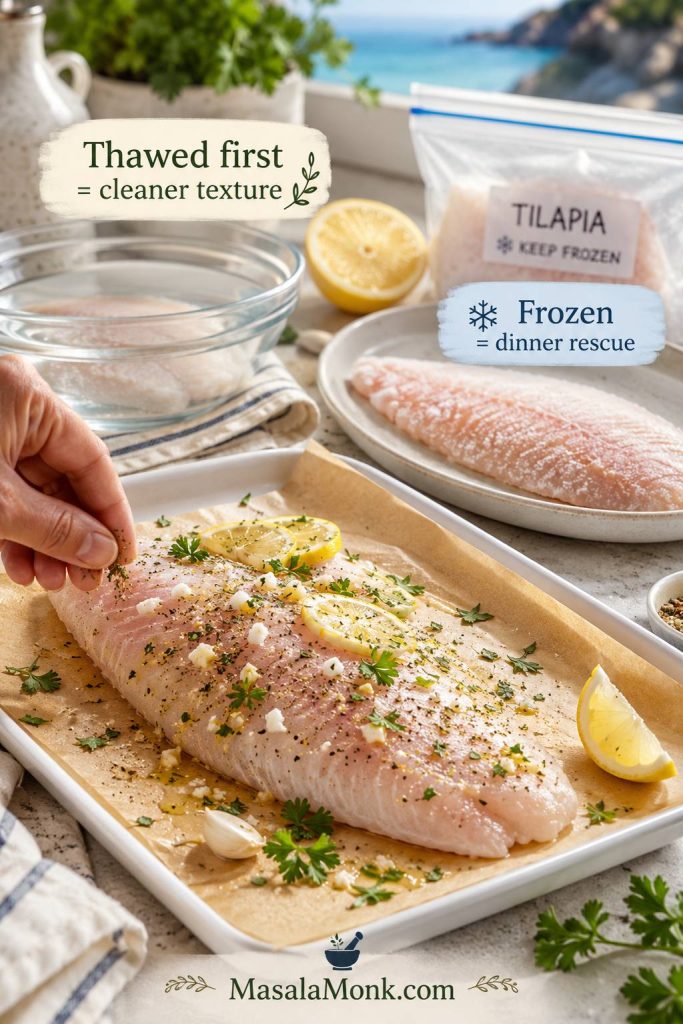 Fresh or thawed tilapia fillet being seasoned with a frozen fillet and cold-water thawing setup in the background.