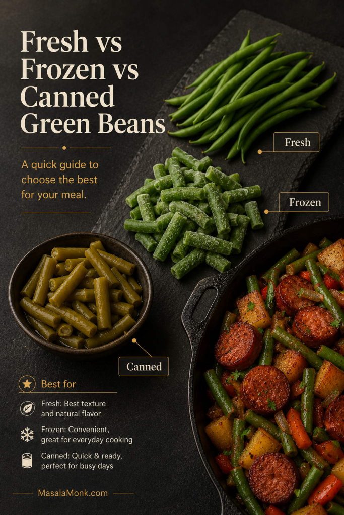 Guide comparing fresh, frozen, and canned green beans with a skillet of kielbasa and potatoes.