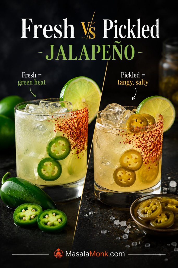 Fresh jalapeño slices and pickled jalapeño slices compared for use in a spicy margarita.