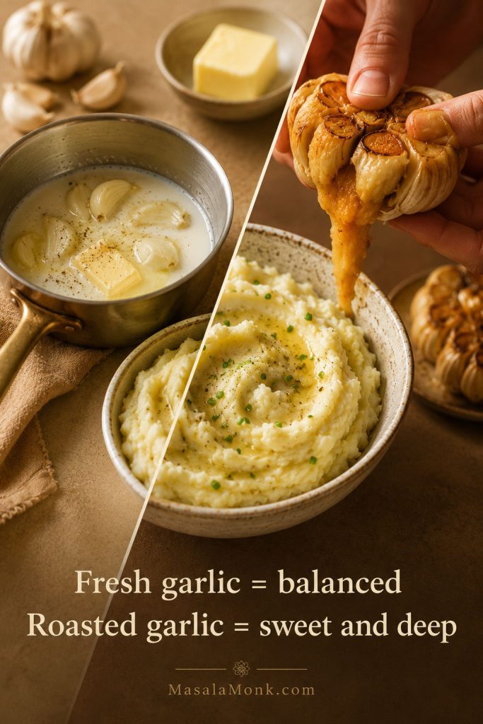 Fresh garlic warming in butter and milk beside roasted garlic being squeezed, with mashed potatoes between them.