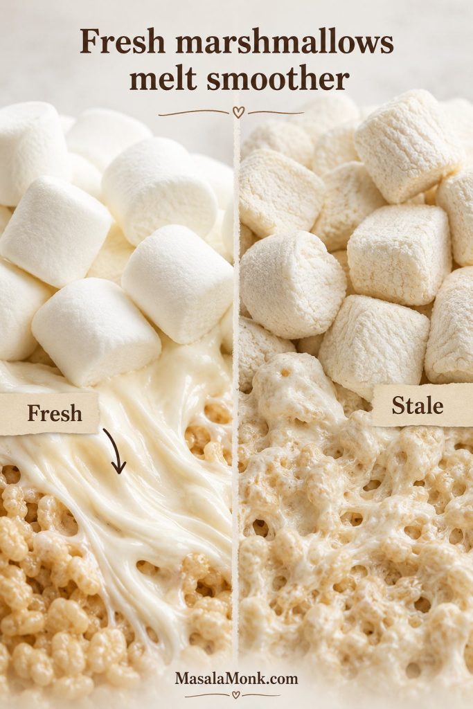 Fresh marshmallows compared with stale marshmallows for making rice crispy treats.