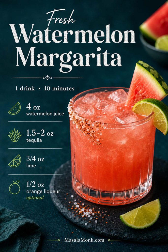 Recipe card for a fresh watermelon margarita showing one drink, 10 minutes, watermelon juice, tequila, lime, and optional orange liqueur.