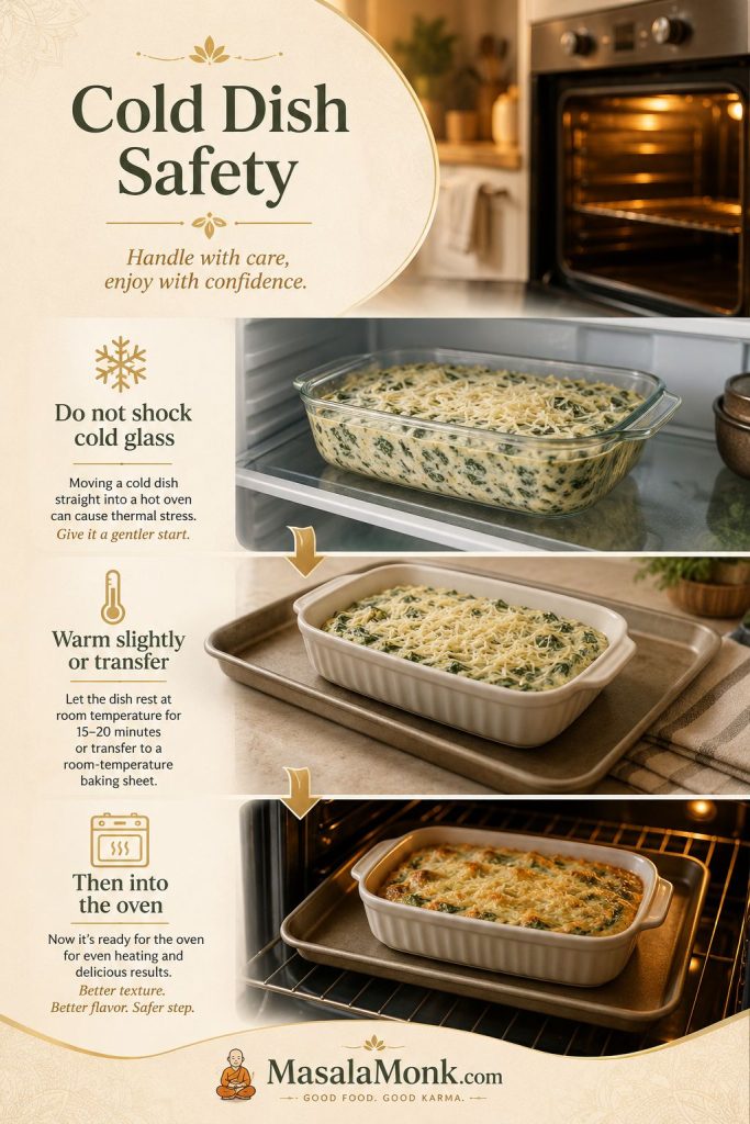 Cold dish safety guide showing a refrigerated glass or ceramic dish, a baking sheet, and a transfer step before baking.