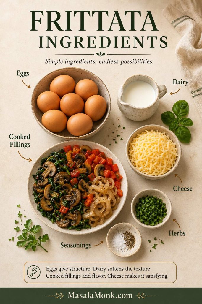 Overhead frittata ingredients including eggs, dairy, cooked vegetables, cheese, herbs, garlic, onion, salt, and pepper.
