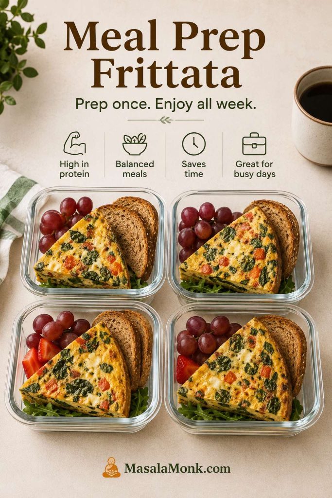 Meal-prep containers filled with frittata slices, fruit, toast, and greens.