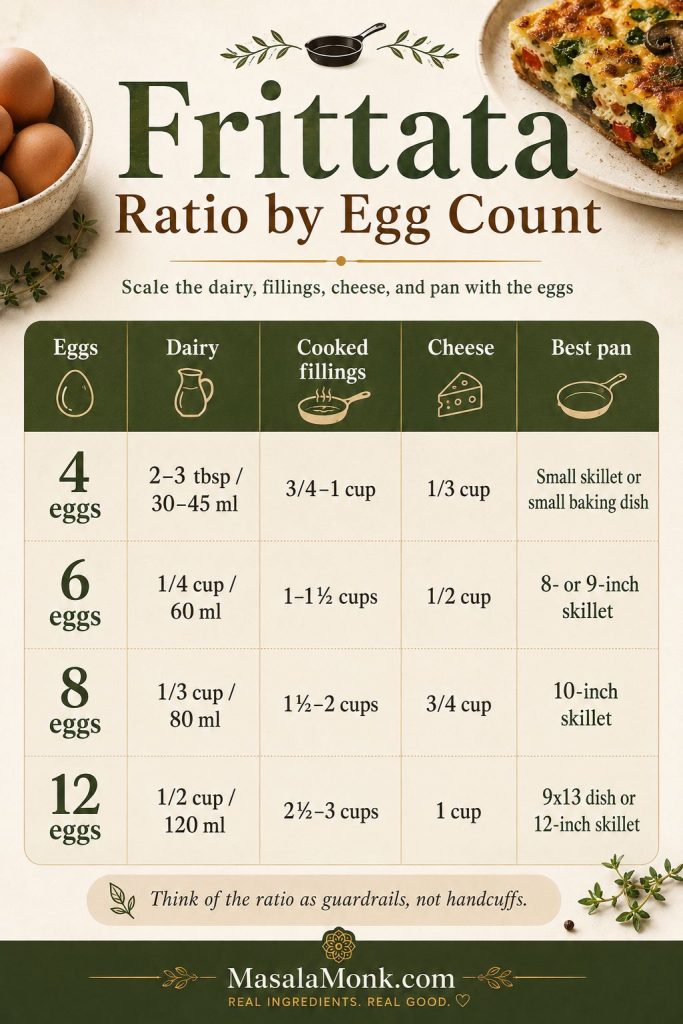 Frittata scaling chart showing ratios for 4 eggs, 6 eggs, 8 eggs, and 12 eggs with dairy, cooked fillings, cheese, and pan size.