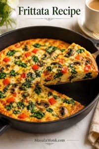 Finished oven-baked frittata in a skillet with a clean wedge lifted out, showing eggs, spinach, mushrooms, peppers, and cheese.