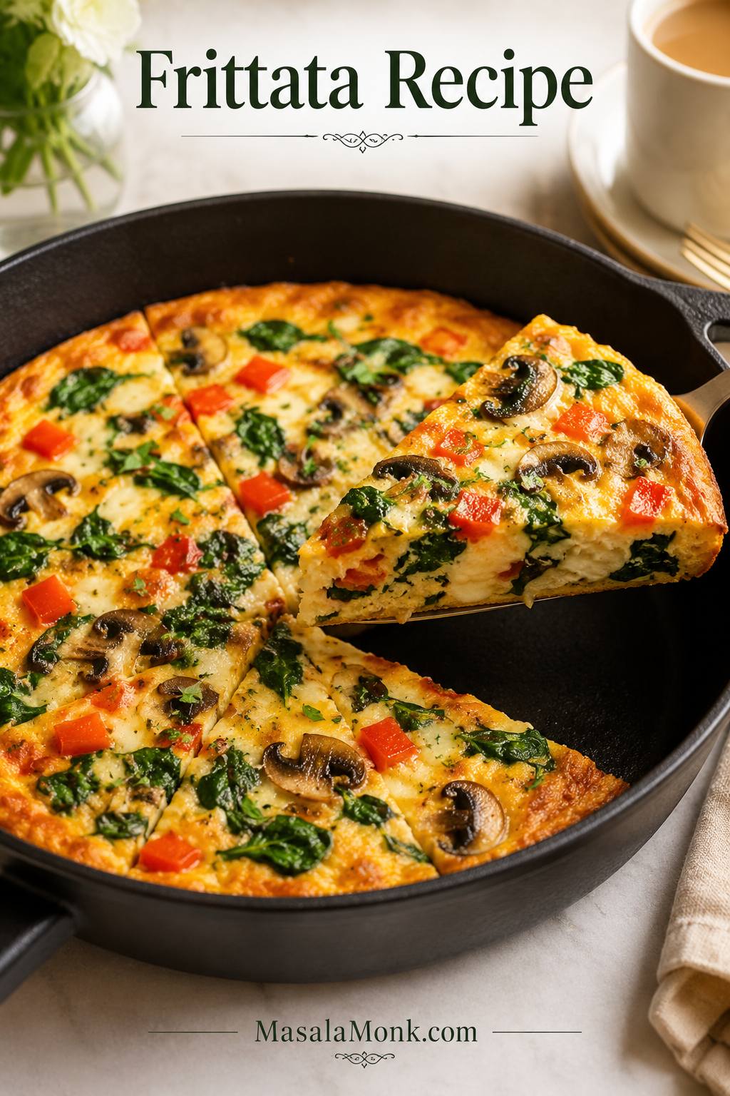 Finished oven-baked frittata in a skillet with a clean wedge lifted out, showing eggs, spinach, mushrooms, peppers, and cheese.