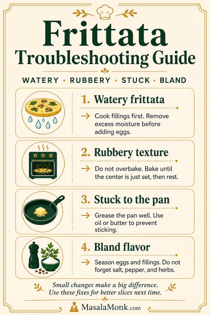 Troubleshooting guide for watery frittata, rubbery texture, stuck frittata, and bland flavor with short fixes.