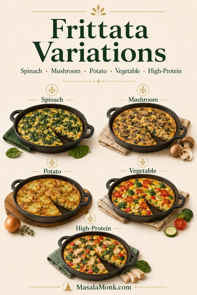 Frittata variations board showing spinach, mushroom, potato, vegetable, and high-protein frittatas.