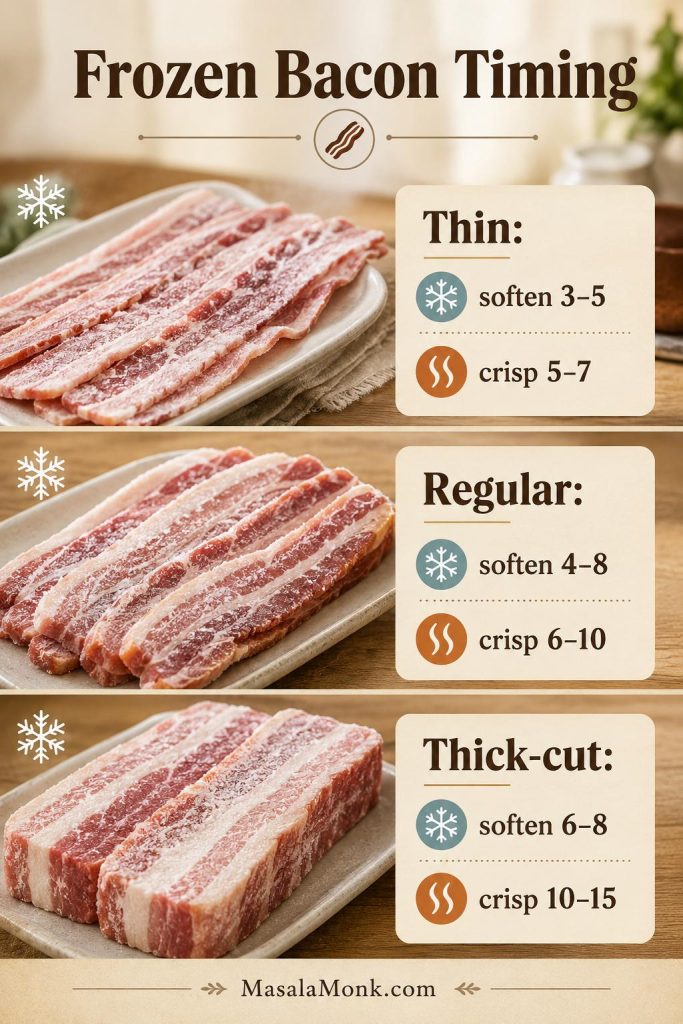 Frozen bacon timing guide showing soften and crisp stages for thin, regular, and thick-cut bacon.