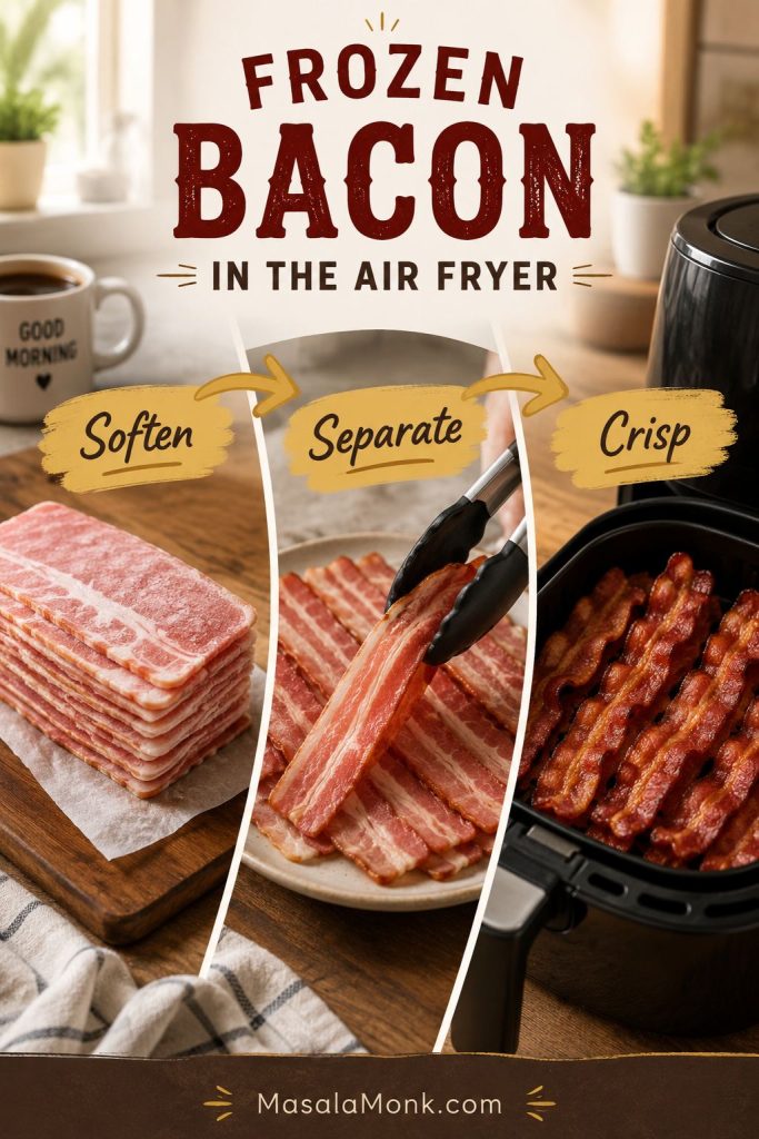 Frozen bacon in the air fryer shown in three stages: frozen stack, separated strips, and crisp cooked bacon.
