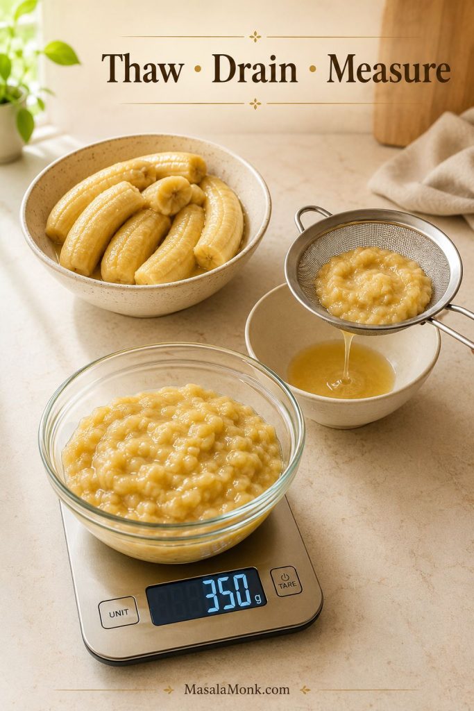 Frozen banana process guide showing thawed bananas, liquid being drained, and mashed banana measured on a scale with the text “Thaw, Drain, Measure.”