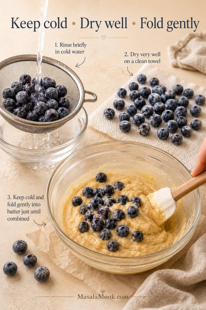 Frozen blueberries being rinsed, dried on a towel, and folded into blueberry muffin batter.