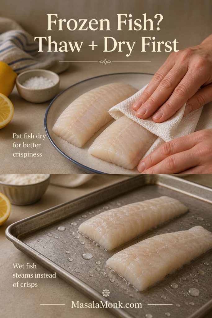 Frozen or thawed cod being dried before battering for fish and chips.