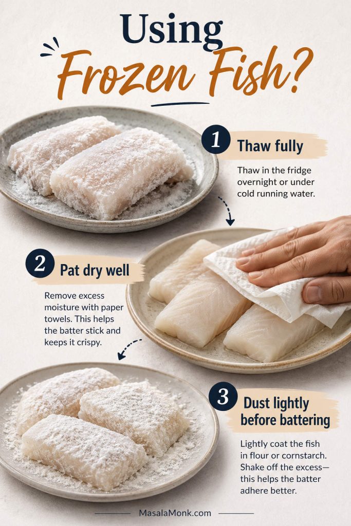 Frozen fish prep guide showing frozen fish, thawed fish being patted dry, and lightly dusted fish ready for battering
