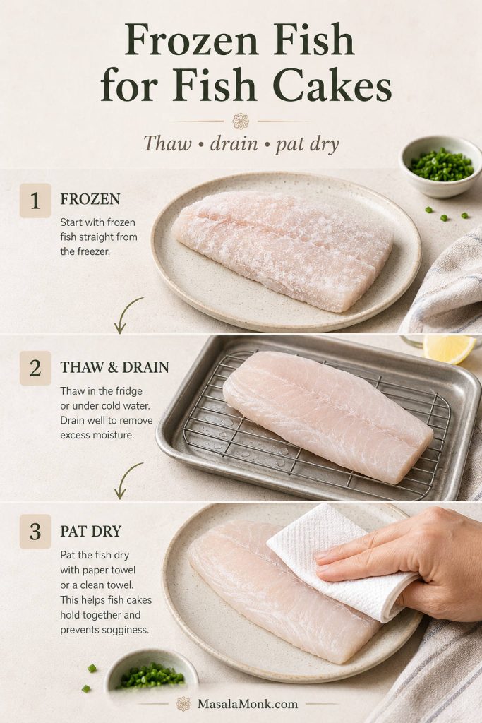 Frozen fish fillet, thawed fish draining, and raw fish being patted dry before making fish cakes