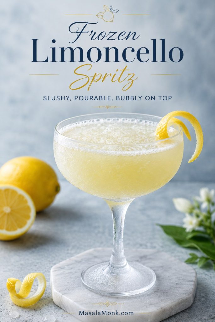 Frozen limoncello spritz in a chilled coupe glass with pale lemon slush, bubbles on top, and a lemon peel garnish.