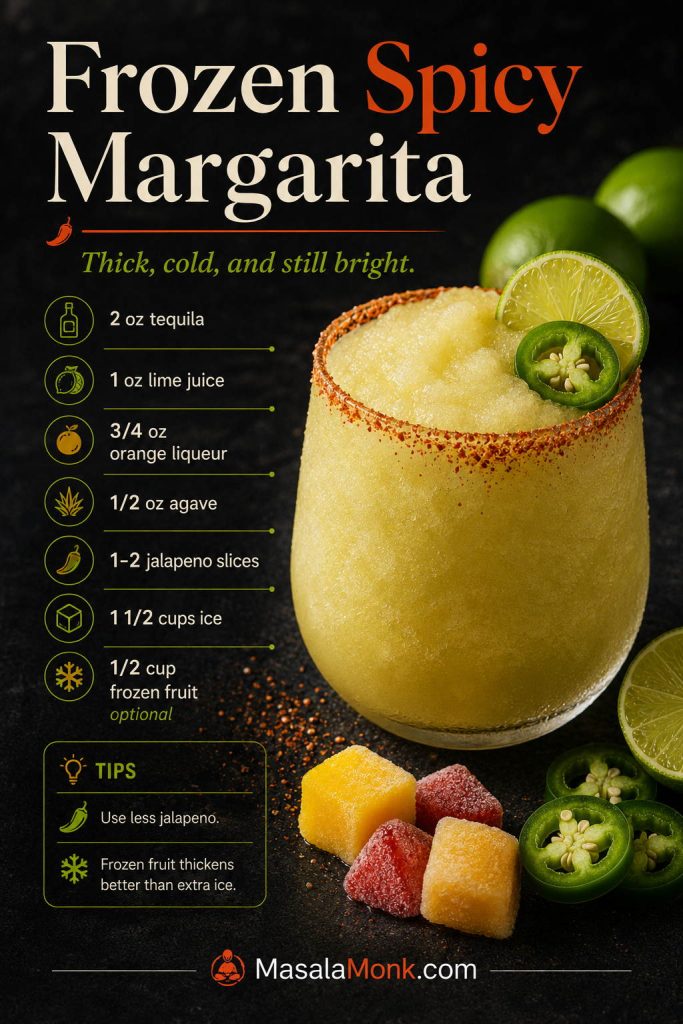 Frozen spicy margarita with tequila, lime juice, orange liqueur, agave, jalapeño, ice, optional frozen fruit, and Tajín rim.