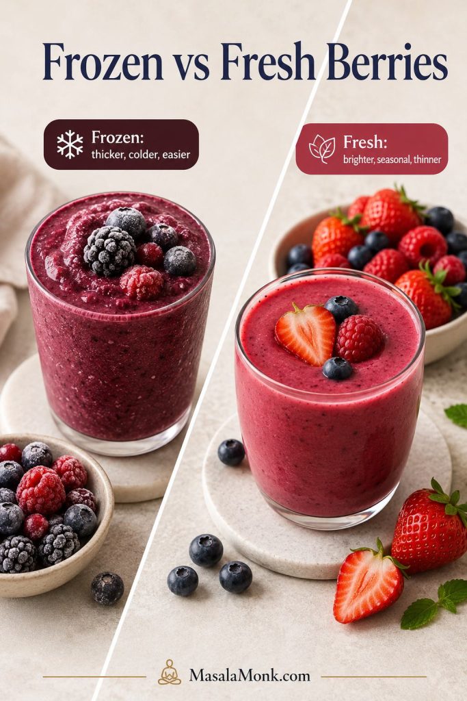 Frozen and fresh berries compared for smoothies, with a thicker frozen berry smoothie and a lighter fresh berry smoothie.