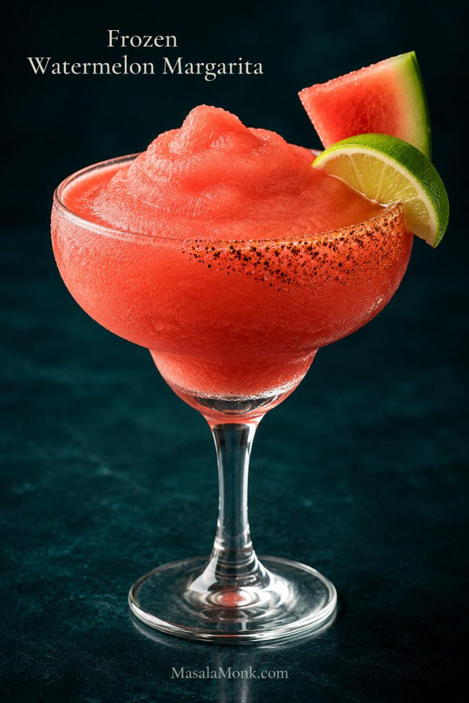 Frozen watermelon margarita in a chilled glass with thick slushy texture, lime wedge, and watermelon garnish.