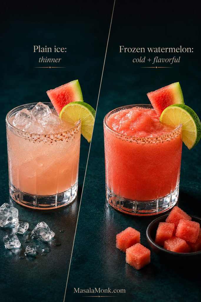 Comparison of a thinner frozen margarita made with plain ice and a thicker frozen watermelon margarita made with frozen fruit.