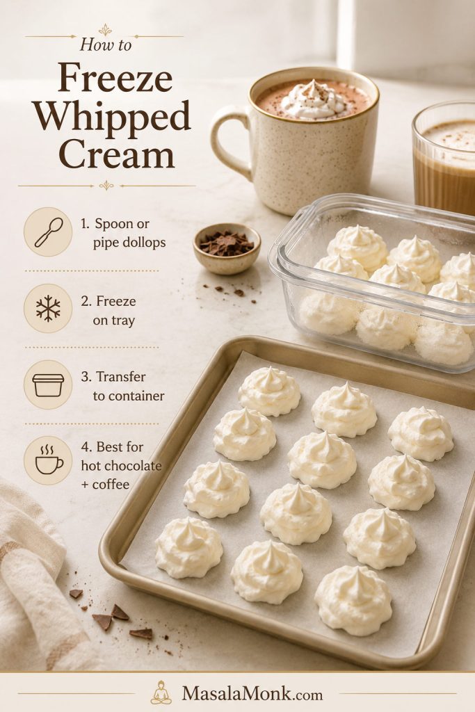 Whipped cream dollops on a parchment-lined tray with a storage container and hot chocolate in the background.