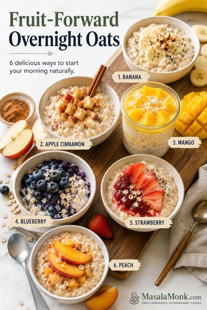 Fruit-forward overnight oats flavor board with banana, apple cinnamon, mango, blueberry, strawberry, and peach options.