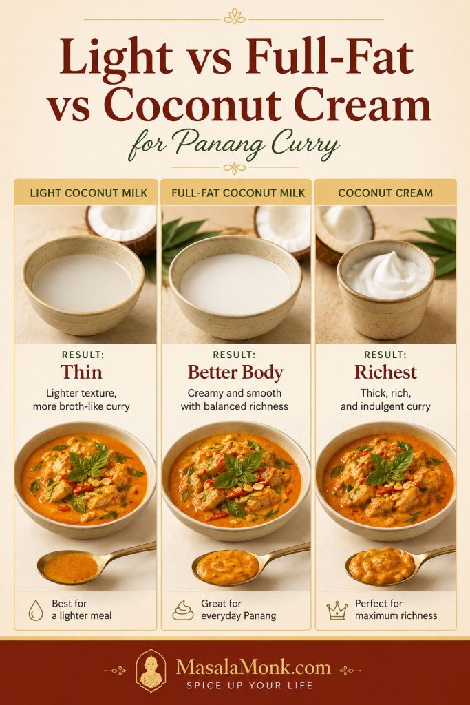Comparison board showing light coconut milk, full-fat coconut milk, and coconut cream for Panang curry sauce texture.