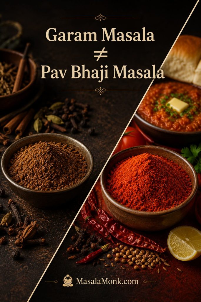 Diagonal comparison of darker garam masala and redder pav bhaji masala with a small pav bhaji serving cue.
