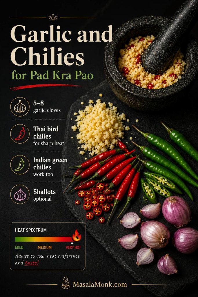 Garlic and chili guide with crushed garlic, Thai bird chilies, Indian green chilies, optional shallots, and a heat spectrum.