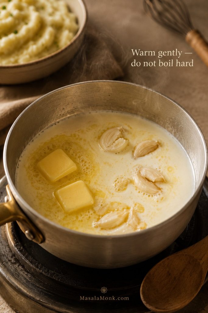 Smashed garlic cloves warming gently in butter and milk in a small saucepan.