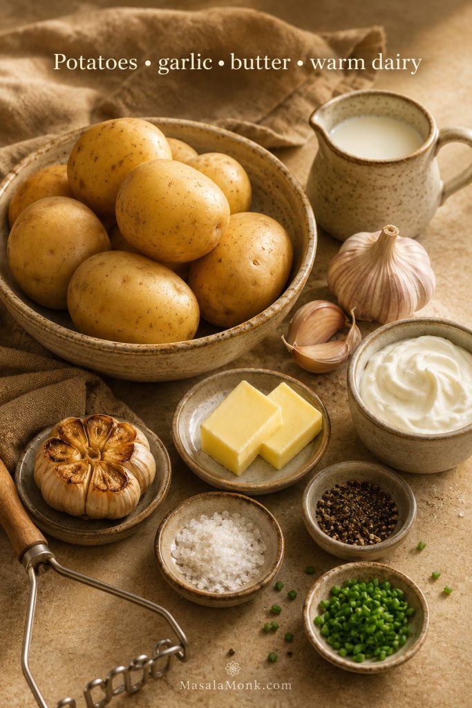 Yukon Gold potatoes, garlic, butter, milk, sour cream, salt, pepper, chives, and a potato masher arranged on a counter.
