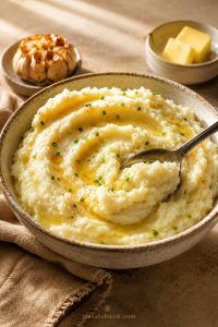 Creamy garlic mashed potatoes in a ceramic bowl with melted butter, chives, and a spoon pulling through soft swirls.
