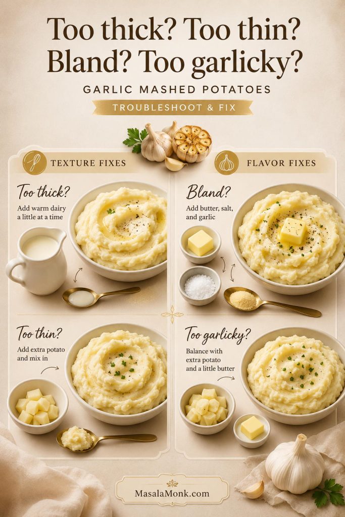 Troubleshooting guide for mashed potatoes with fixes for thick, thin, bland, and too-garlicky potatoes.