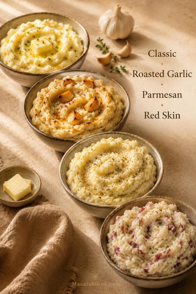 Four small bowls of mashed potatoes showing classic, roasted garlic, parmesan, and red skin versions.