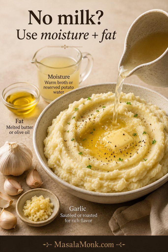 Garlic mashed potatoes with broth or potato water, butter or olive oil, and garlic for a no-milk version.