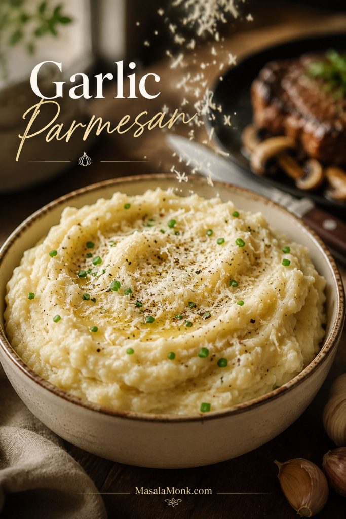 Garlic parmesan mashed potatoes with grated parmesan, black pepper, melted butter, and chives.