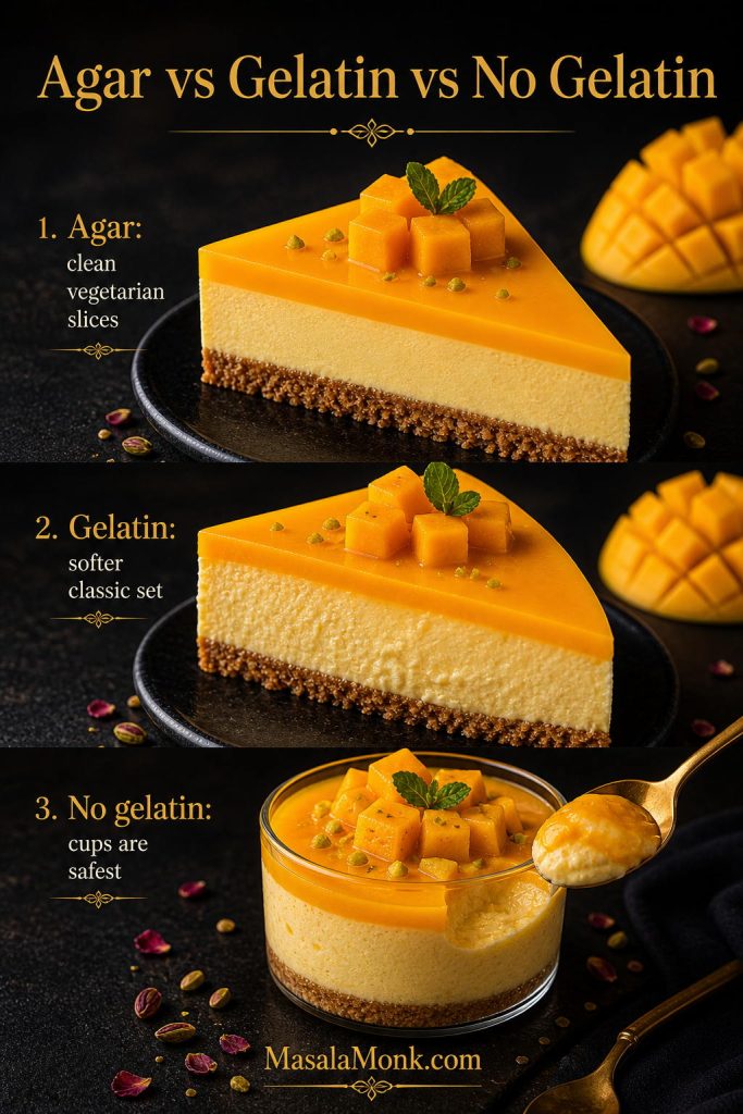 Comparison image showing agar-set mango cheesecake slices, gelatin-set mango cheesecake slices, and a no-gelatin mango cheesecake cup.