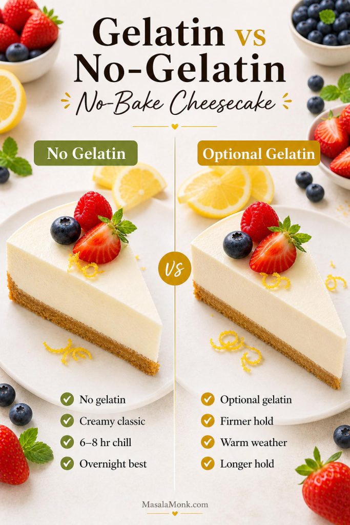 Two no-bake cheesecake slices compared side by side with labels for no gelatin, optional gelatin, chill time, and firmness