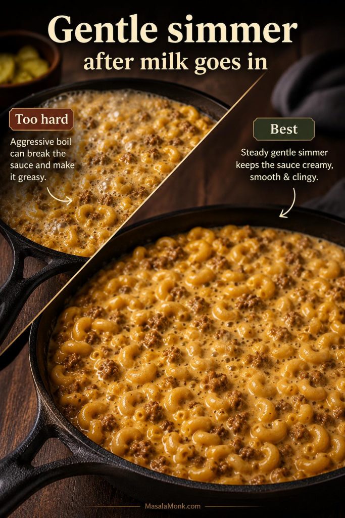 Gentle simmer guide for cheeseburger macaroni comparing a hard boil with a calmer simmer after milk is added.