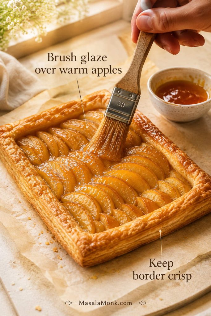 Warm apple tart brushed with apricot glaze while the puff pastry border stays crisp.