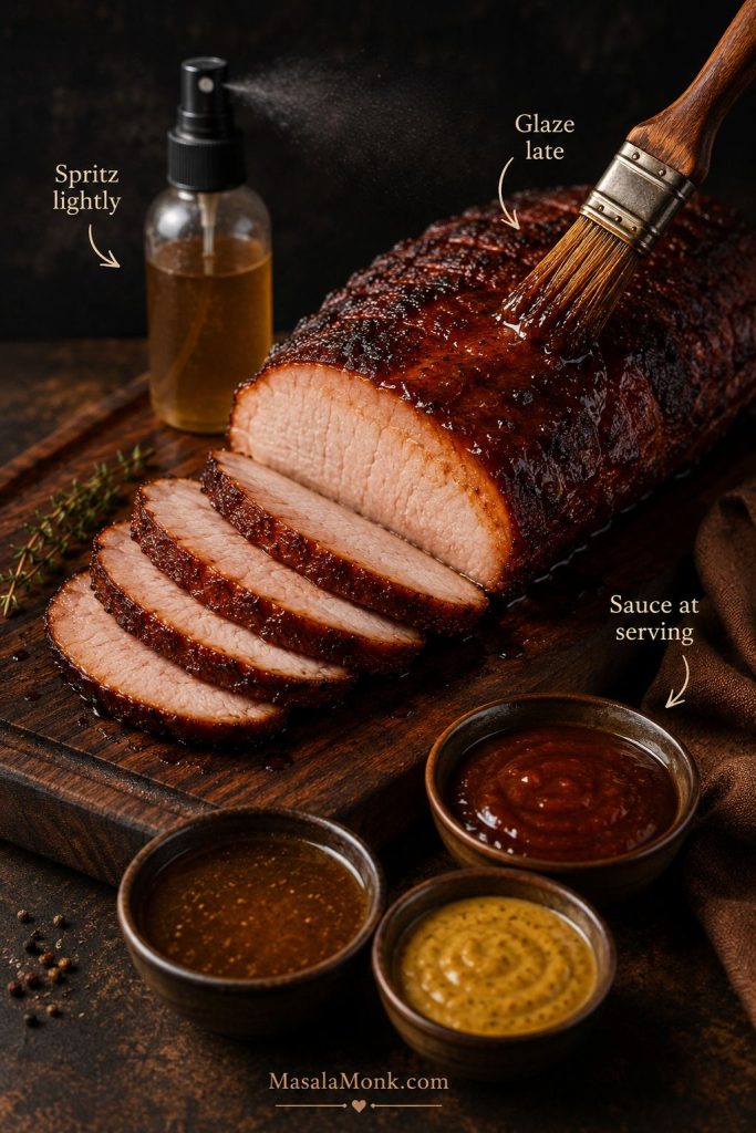 Smoked pork loin with glaze brush, spritz bottle, BBQ sauce, mustard sauce, and pan juices