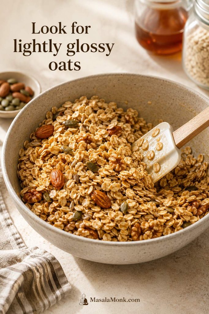 Close-up of rolled oats, nuts, and seeds lightly coated with oil and sweetener in a bowl with a spatula.